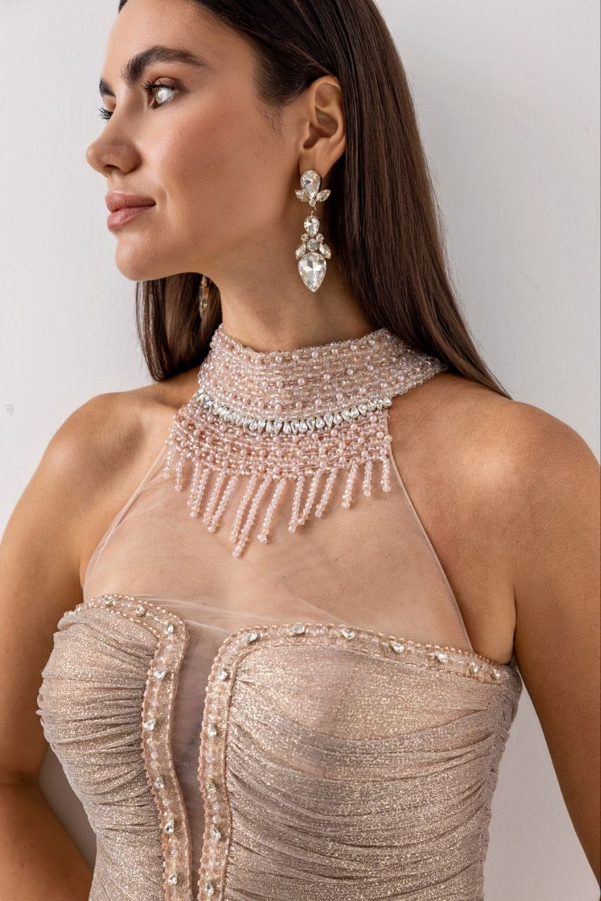 Pearl-Embellished Shimmer Evening Gown with Side Slit