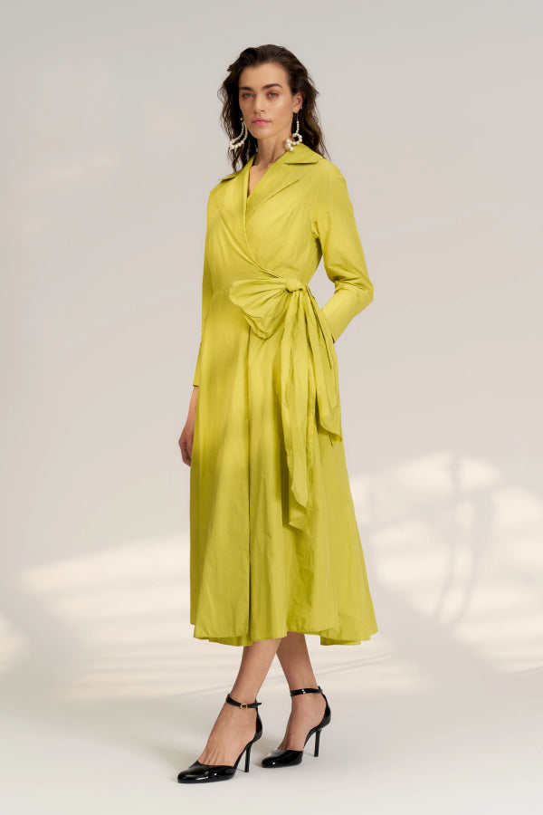 Kruvaze Tafta Elbise - Lime