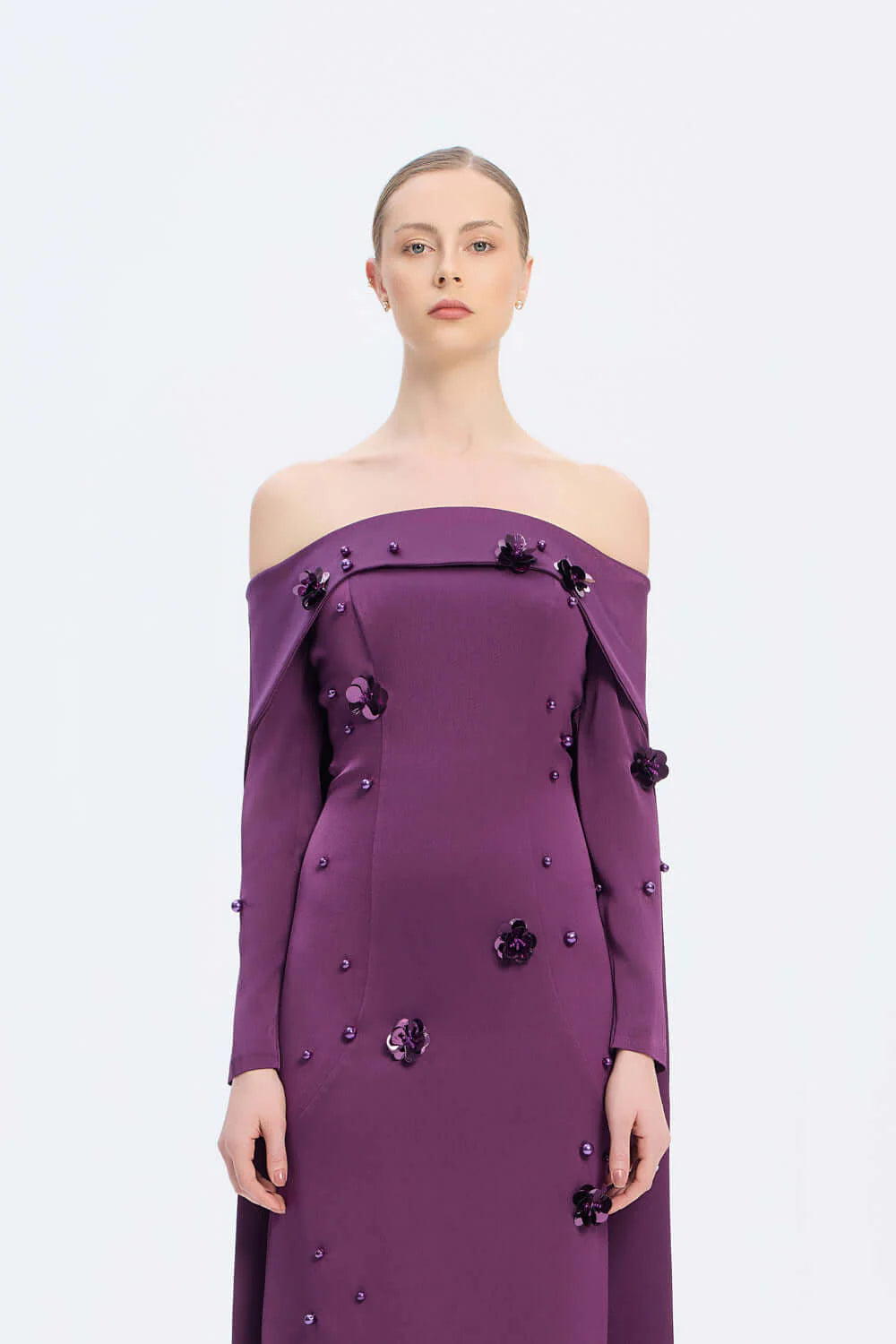 KAYIK YAKA AKSESUAR DETAYLI UZUN ABİYE ELBİSE - 01026C