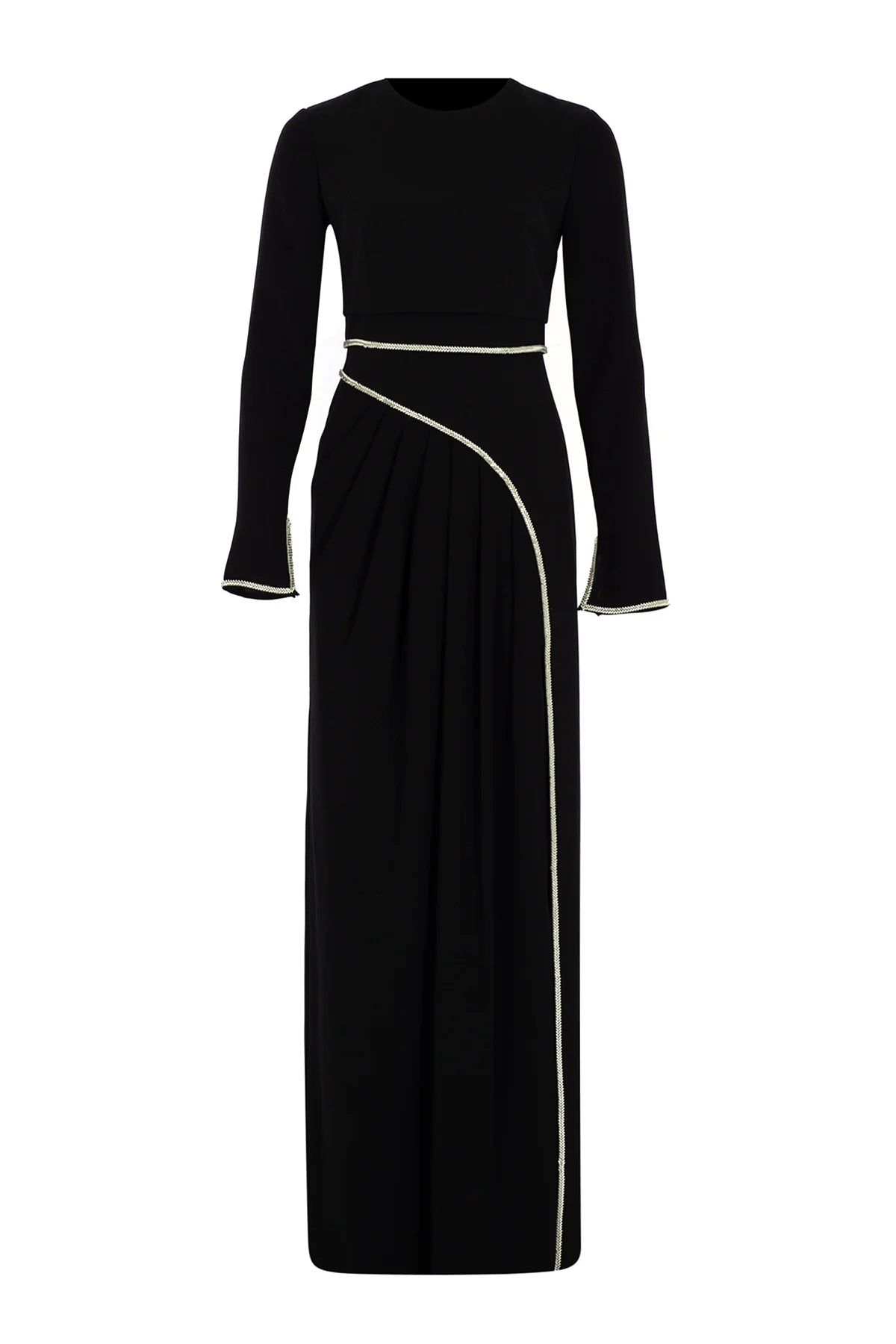 ASİMETRİK DRAPELİ TAŞ İŞLEMELİ SATEN UZUN ABİYE ELBİSE 9105