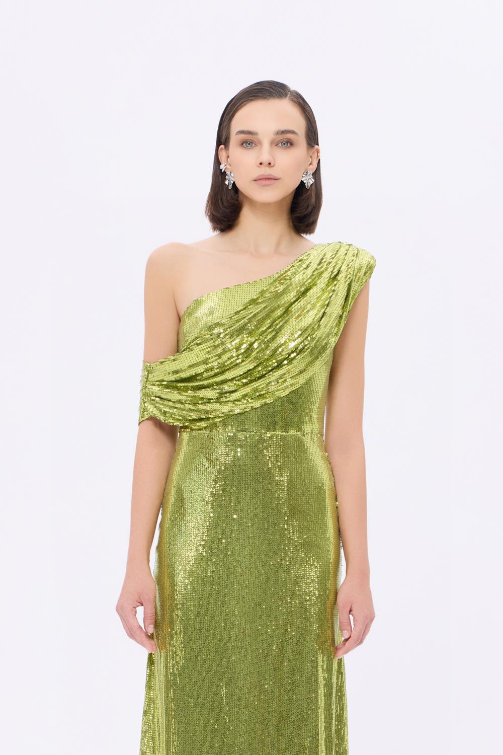 9305C Asimetrik Yaka Uzun Payetli Abiye Elbise