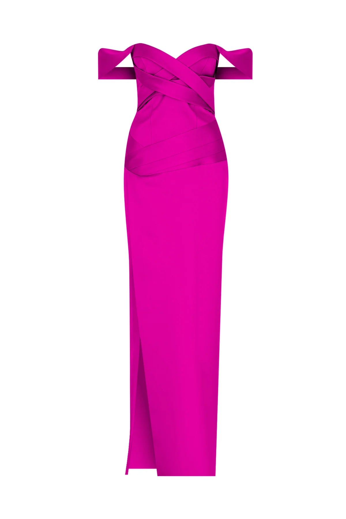 OMUZ AÇIK ÇAPRAZ DRAPELİ YIRTMAÇ DETAYLI UZUN ABİYE ELBİSE 2256