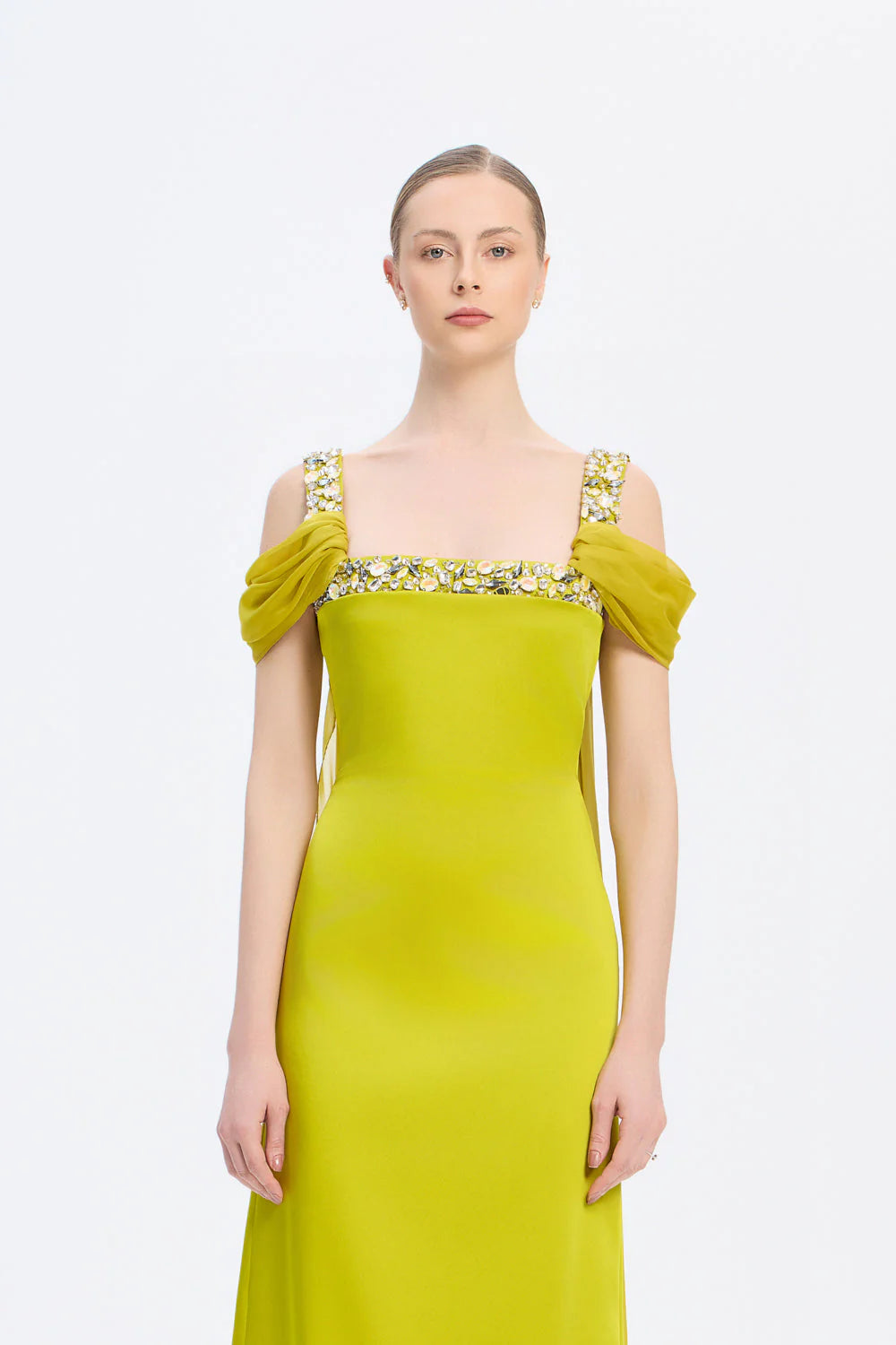 ŞİFON PELERİNLİ TAŞ İŞLEMELİ ASKILI UZUN ABİYE ELBİSE - 9053C