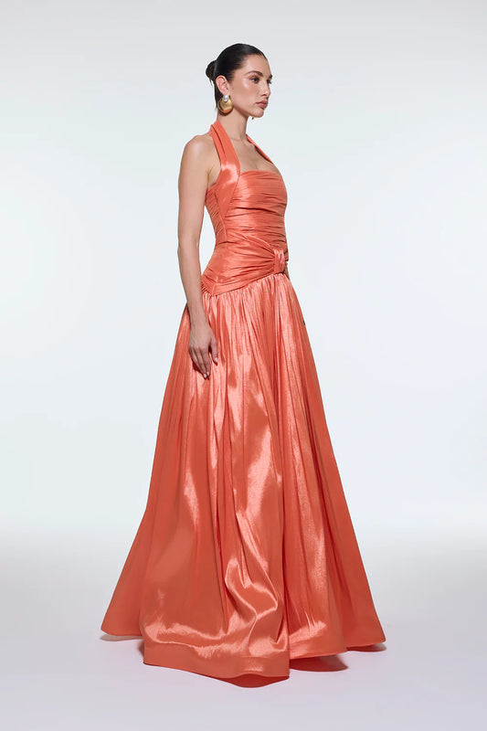 BOYUNDA ASKILI DRAPELİ TAFTA UZUN ABİYE ELBİSE - 9280C