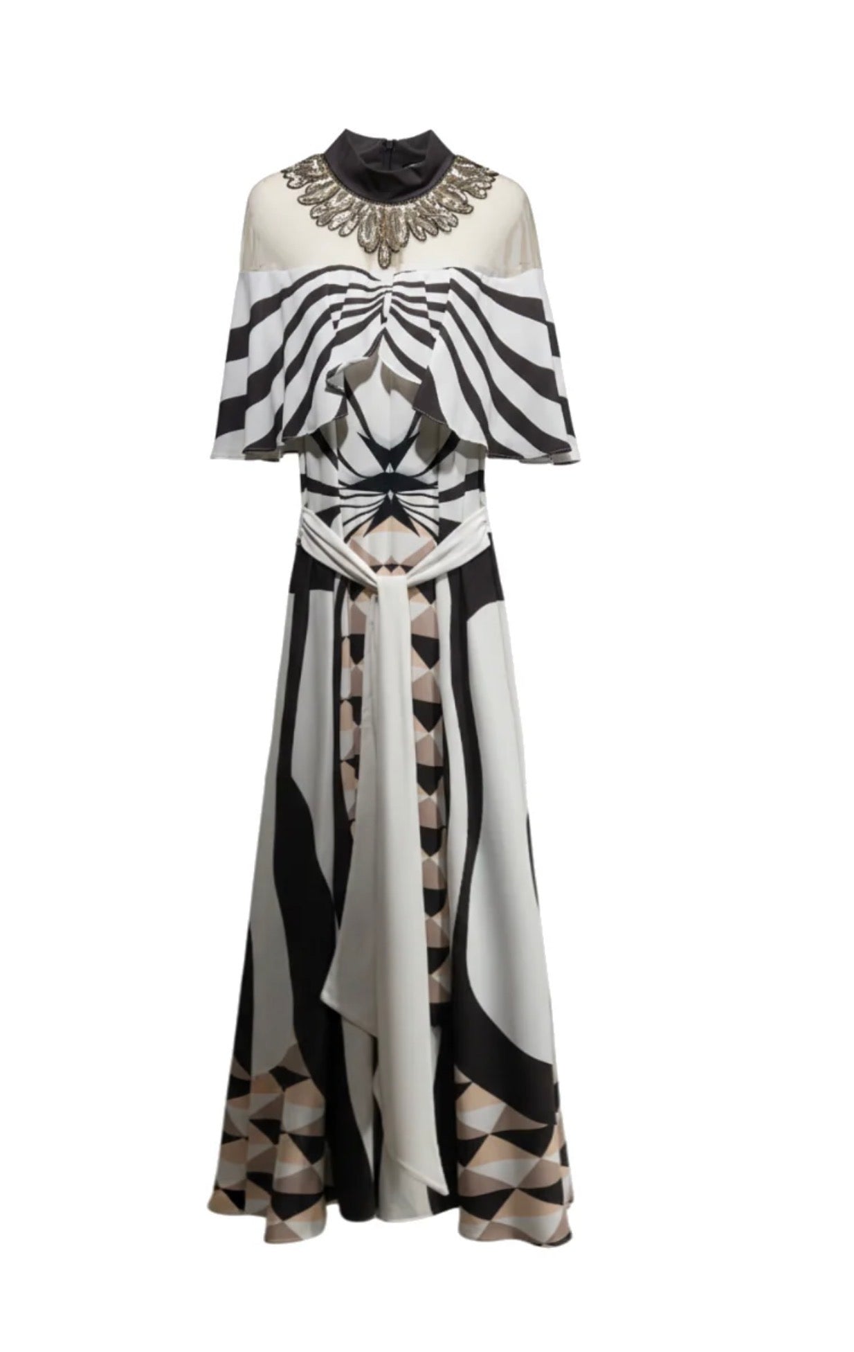 ANTİK ALTIN YAKA DETAYLI GEOMETRİK DESENLİ ABİYE ELBİSE