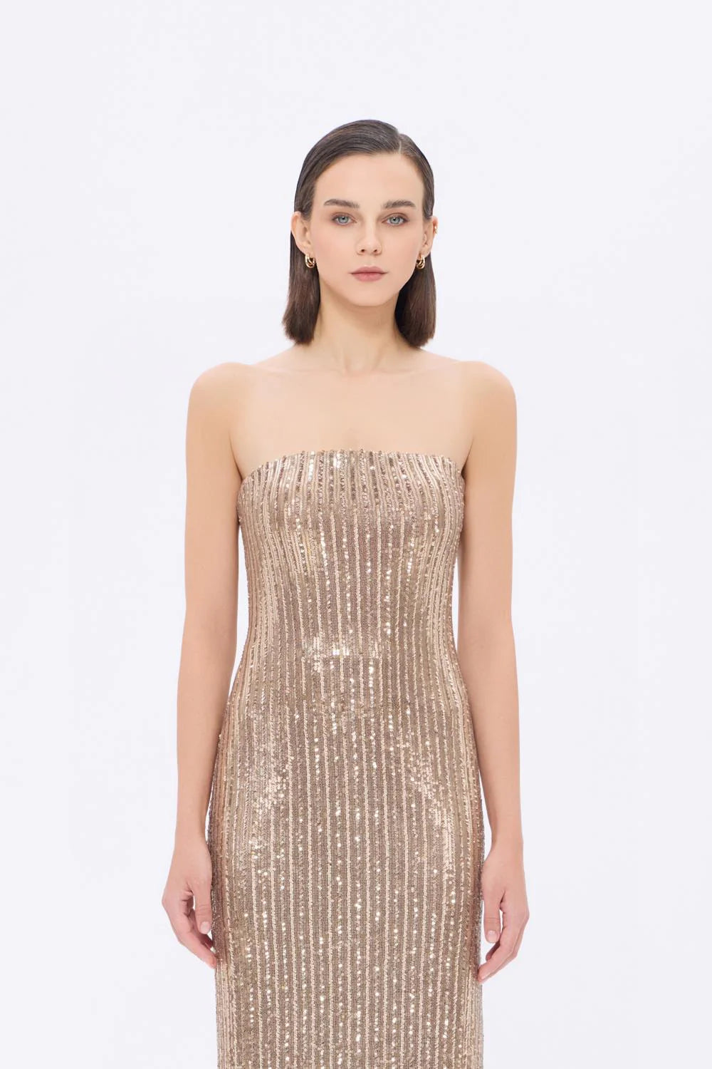 STRAPLEZ YAKA YIRTMAÇLI PAYET UZUN ABİYE ELBİSE - 9293C