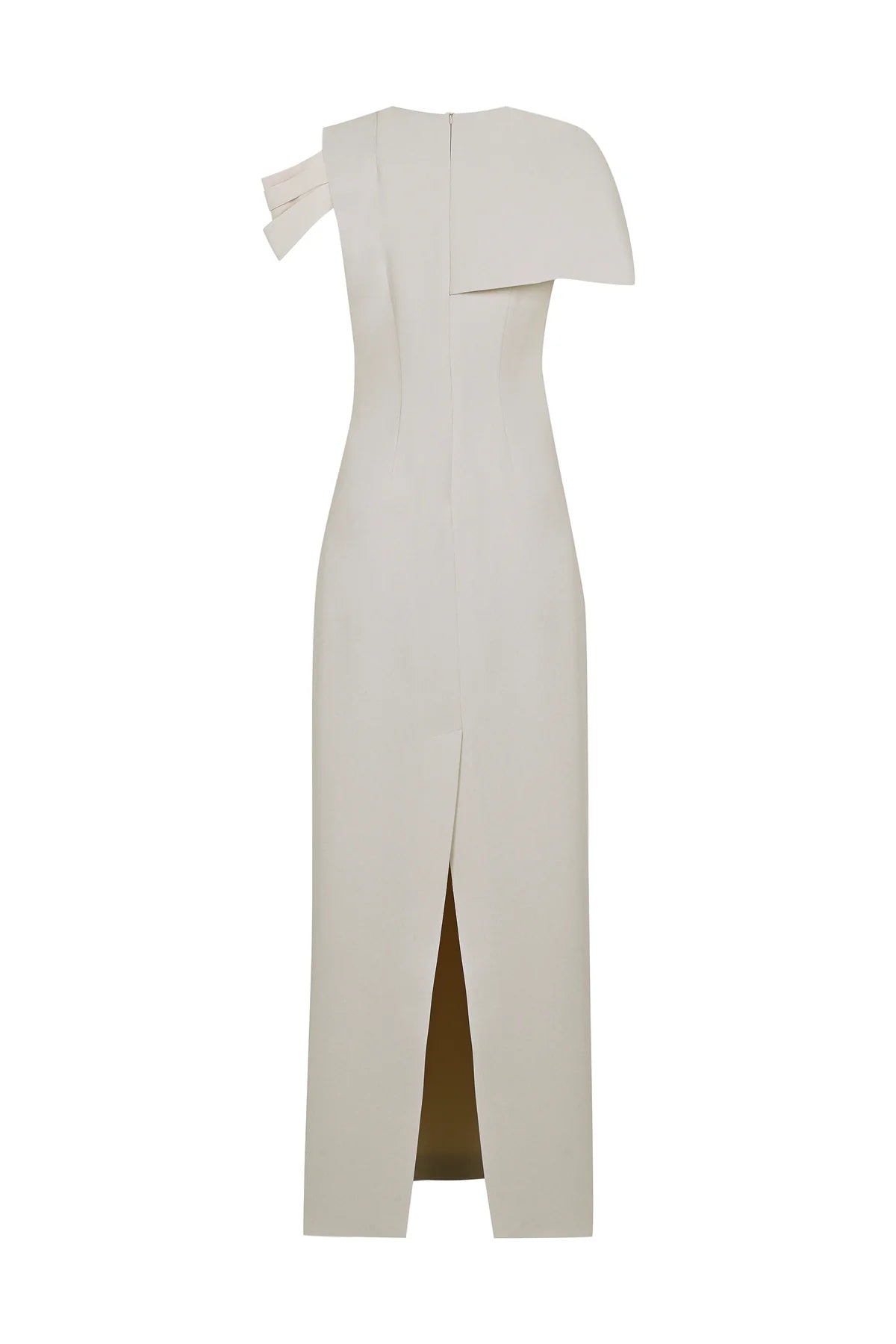 ASİMETRİK DRAPELİ BELİ İŞLEMELİ UZUN ABİYE ELBİSE