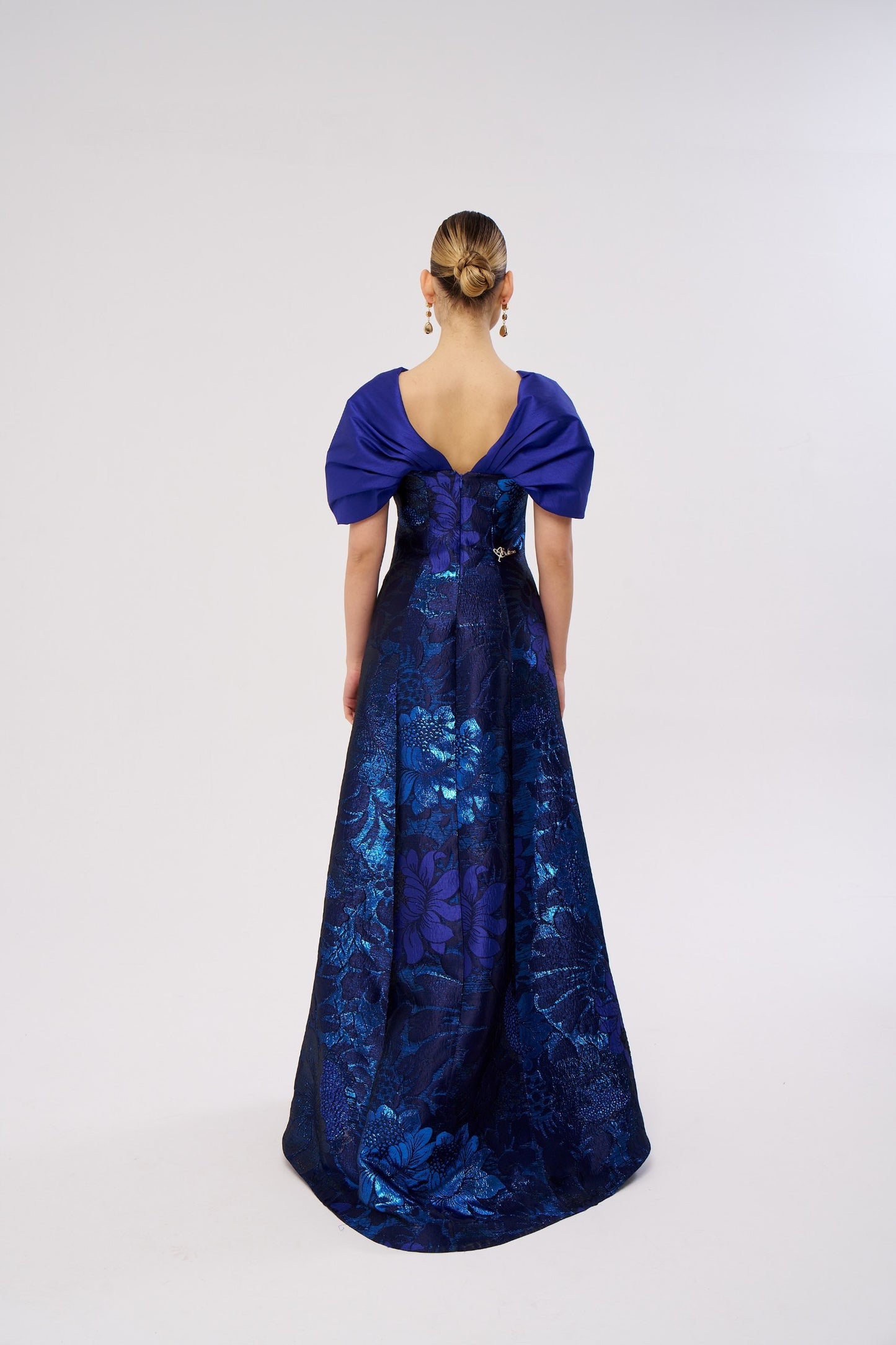 Structured Floral Evening Dress with Draped Shoulder Detail