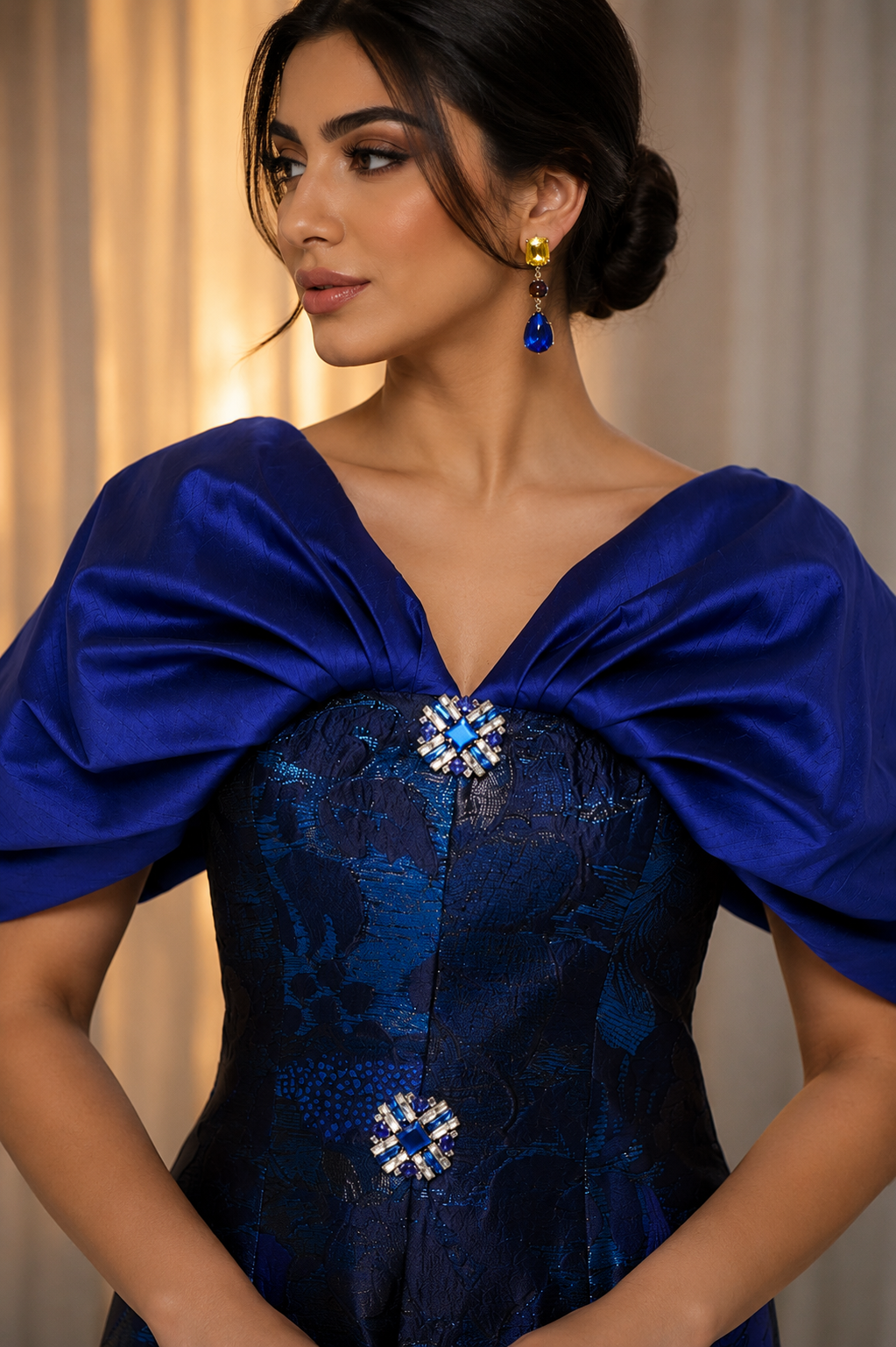 Structured Floral Evening Dress with Draped Shoulder Detail