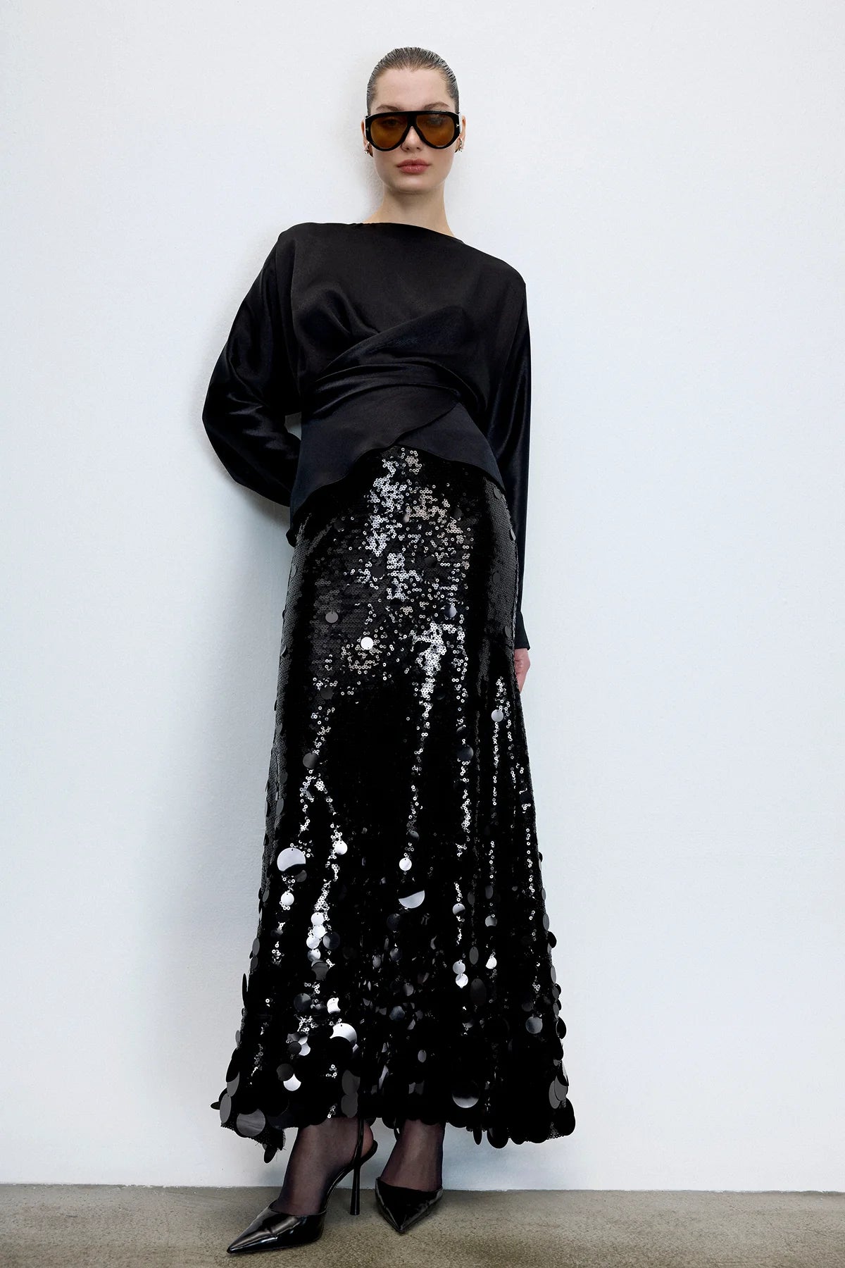 Sequin Embellished Skirt Set with Draped Satin Blouse 2242