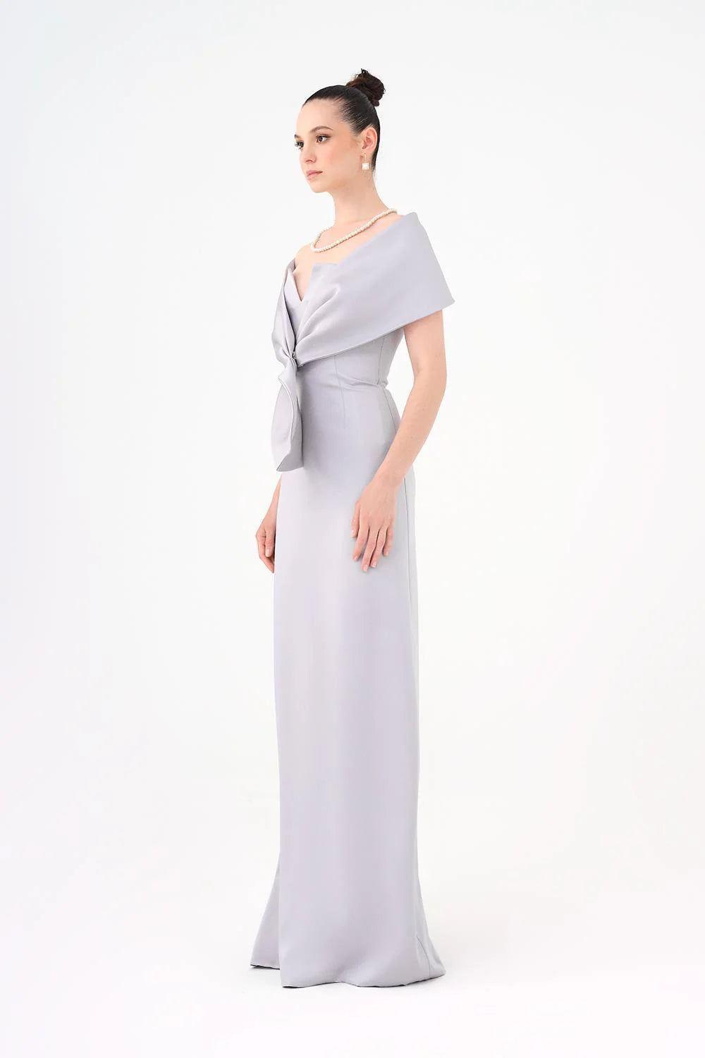 ŞALLI STRAPLEZ YAKA SATEN UZUN ABİYE ELBİSE - 9056C