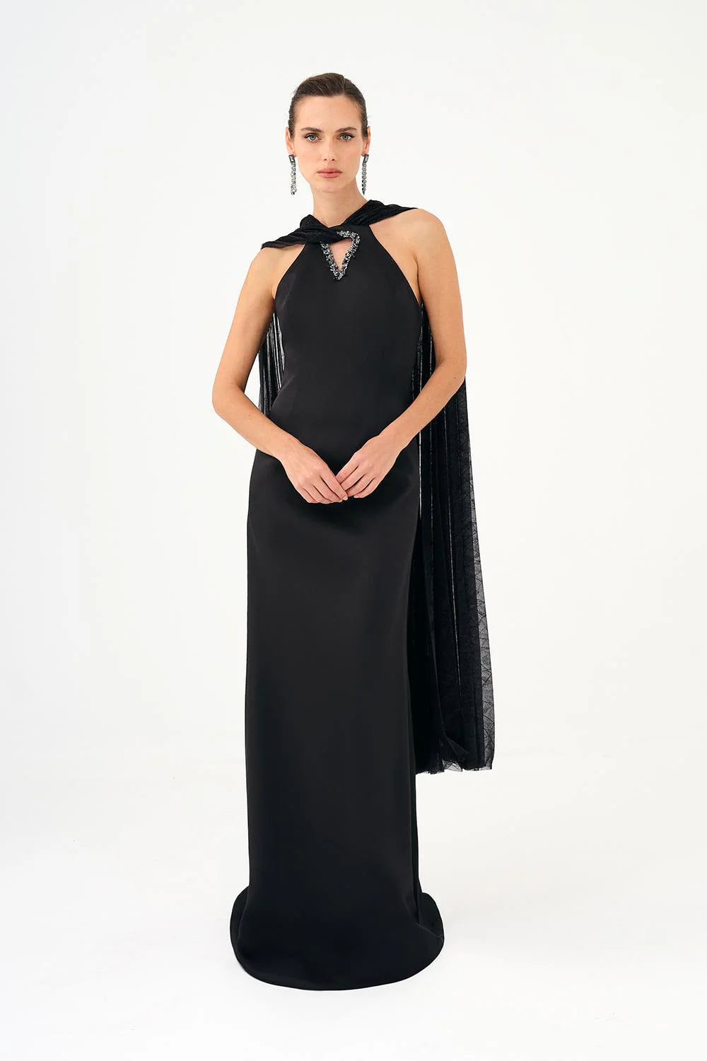 ŞALLI TAŞ İŞLEMELİ SATEN UZUN ABİYE ELBİSE - 9052C