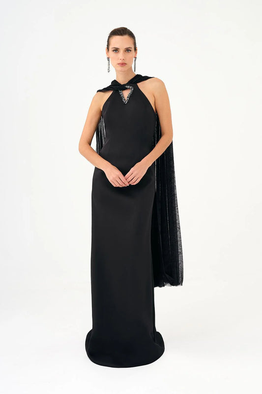 ŞALLI TAŞ İŞLEMELİ SATEN UZUN ABİYE ELBİSE - 9052C