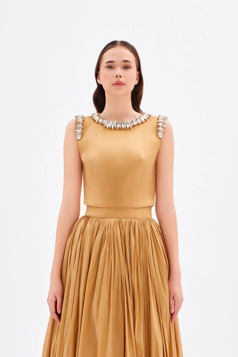 TAŞ İŞLEME DETAYLI TAFTA UZUN ABİYE ELBİSE - 9131C