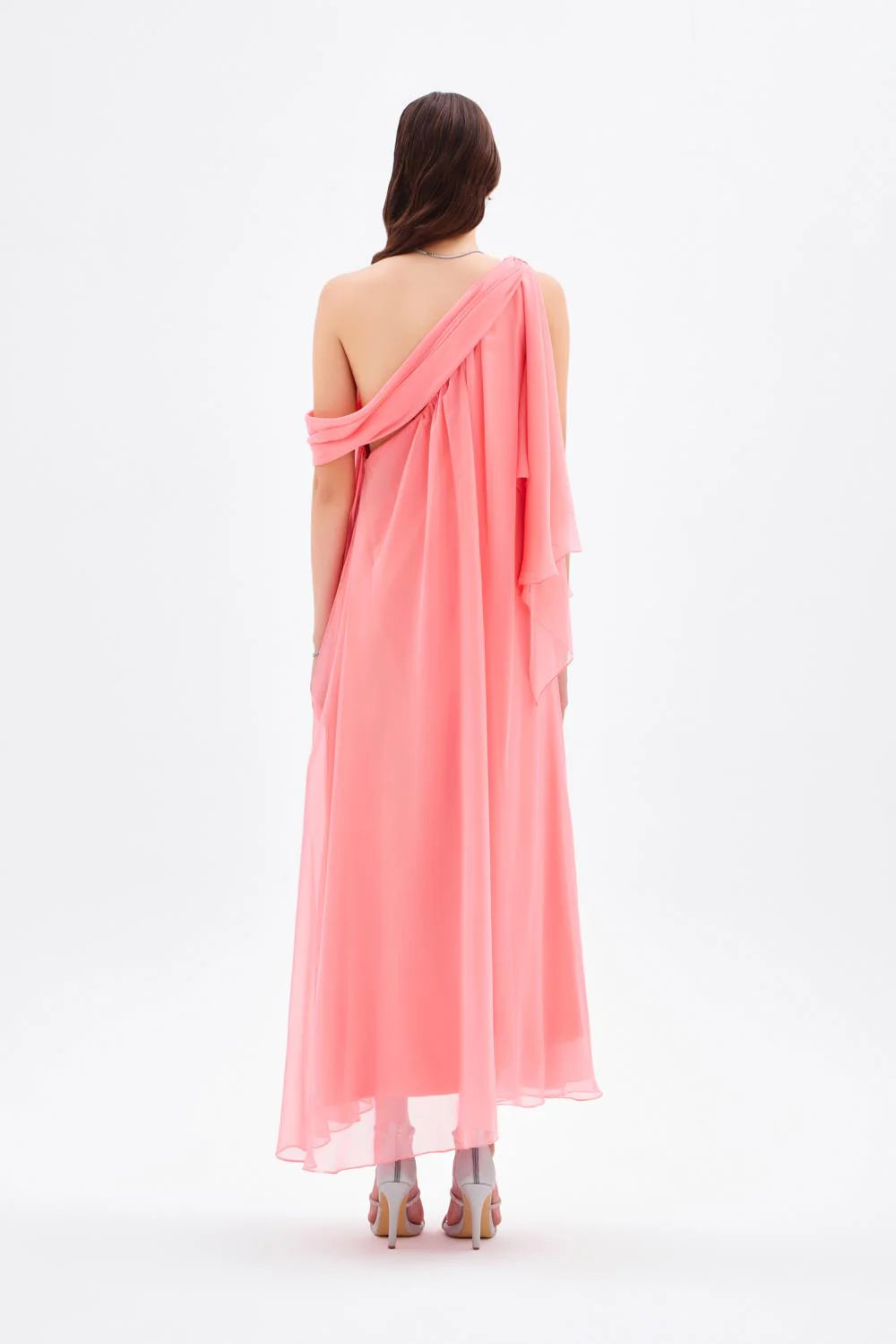 DÜŞÜK OMUZLU ŞİFON MİDİ ABİYE ELBİSE - 9081C