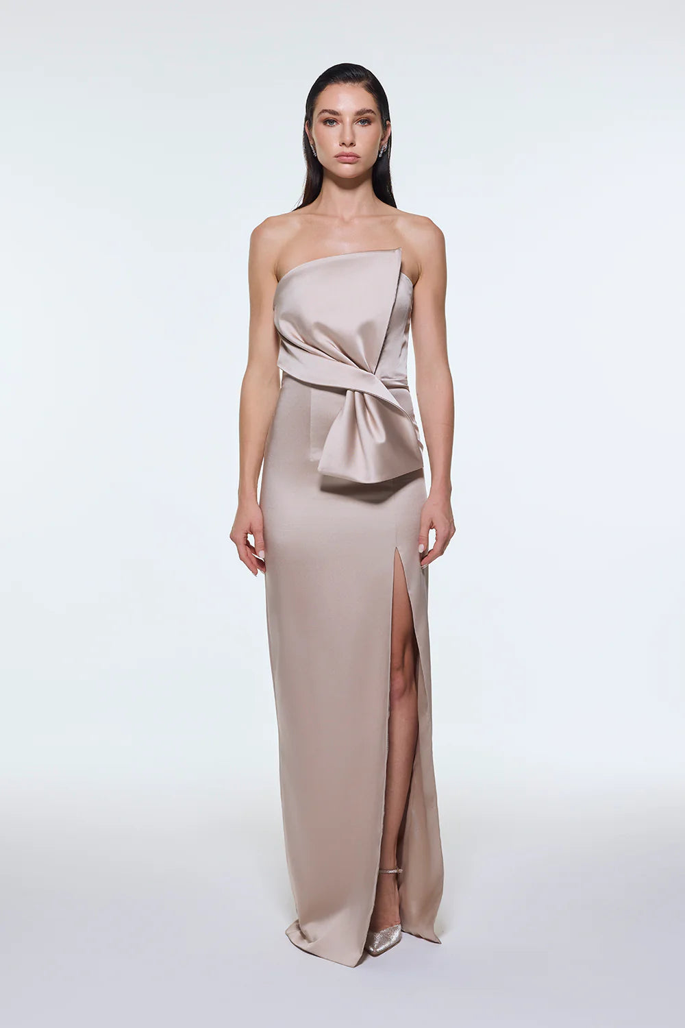 STRAPLEZ YAKA YIRTMAÇLI SATEN UZUN ABİYE ELBİSE - 9281C