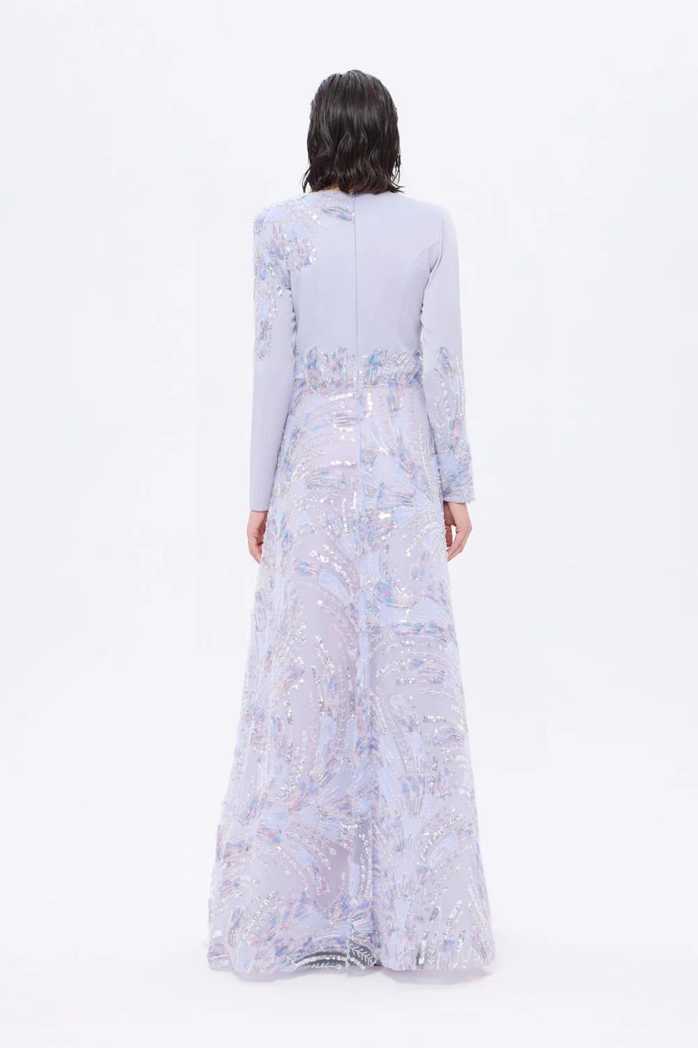 V YAKA İŞLEME DETAYLI UZUN KOLLU UZUN ABİYE ELBİSE - AP0023