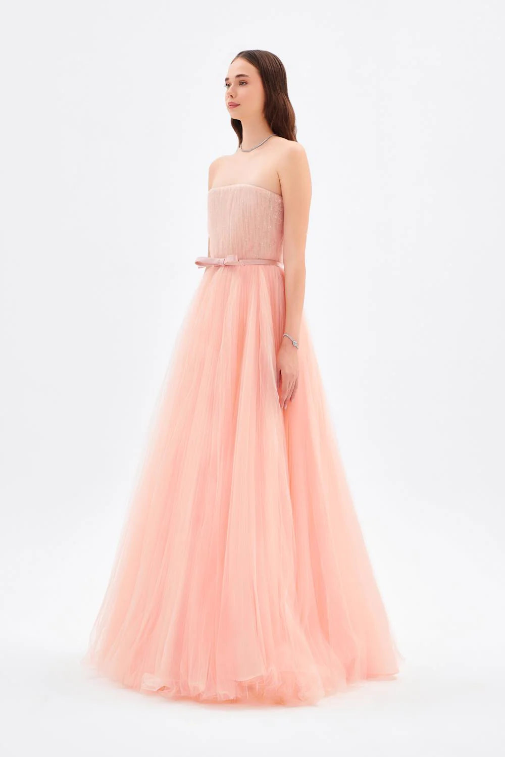 STRAPLEZ YAKA PİLİSELİ UZUN ABİYE ELBİSE - 9198C