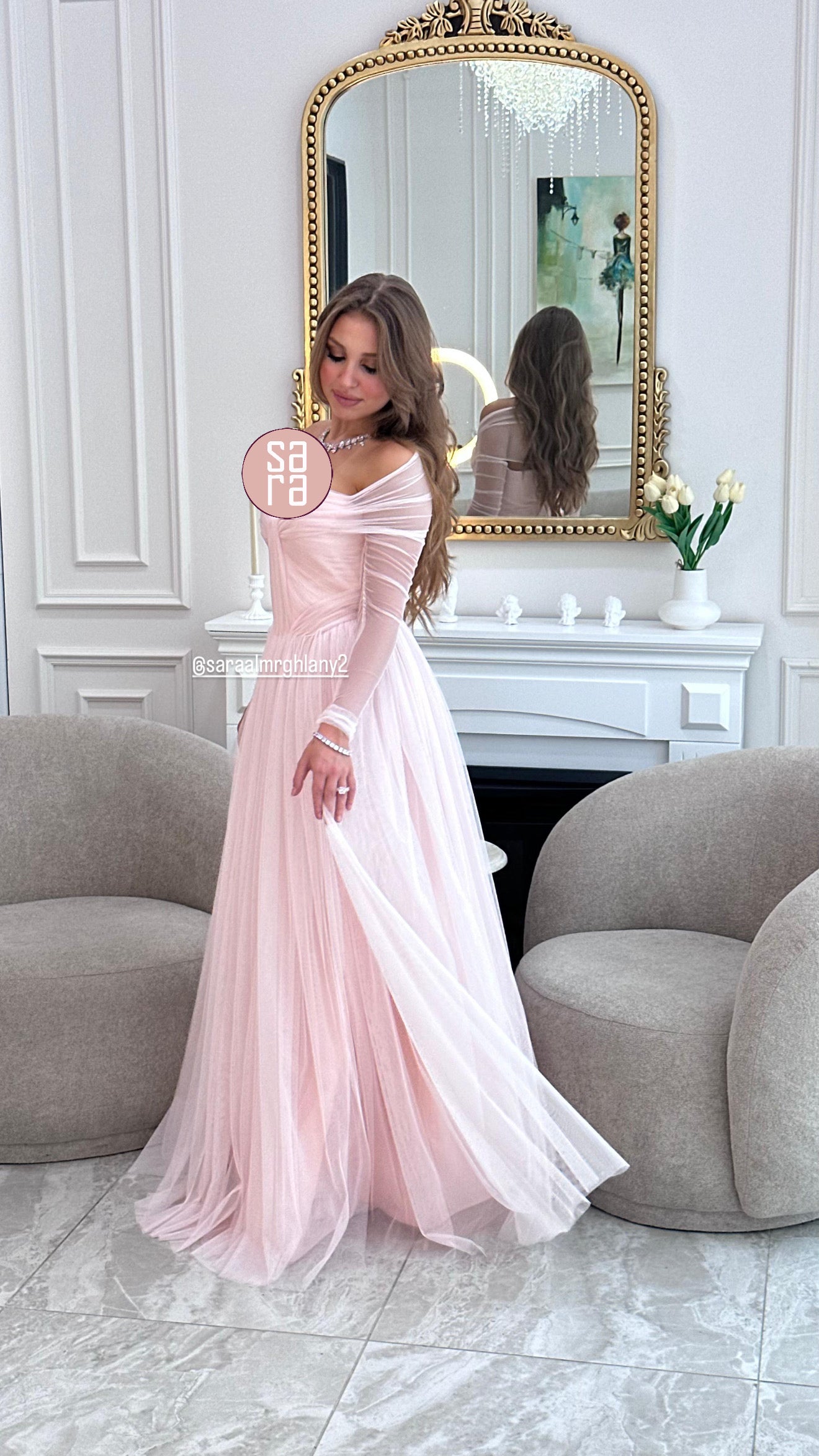 TRANSPARAN TÜL KOLLU STRAPLEZ UZUN ABİYE 2220