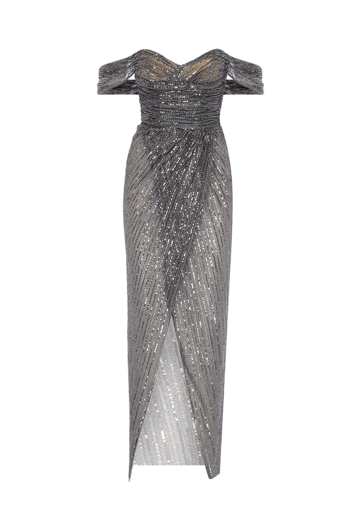 PUL PAYET DETAYLI STRAPLEZ YIRTMAÇLI UZUN ABİYE ELBİSE