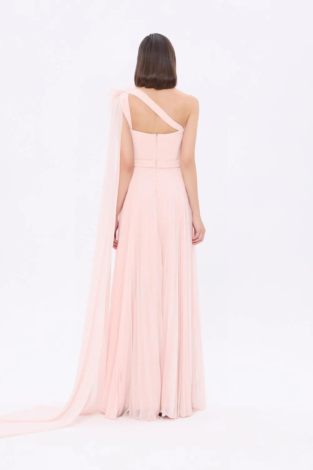 TEK OMUZ ÇİÇEK DETAYLI UZUN ABİYE ELBİSE - AP0020