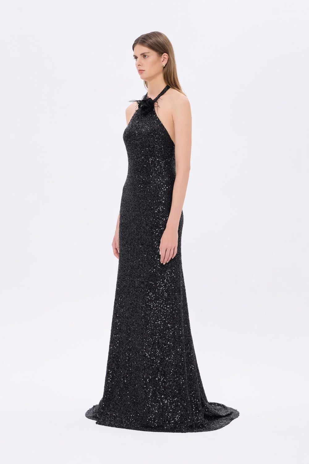 BOYUNDAN ASKILI ÇİÇEK DETAYLI PAYET UZUN ABİYE ELBİSE - 9348C