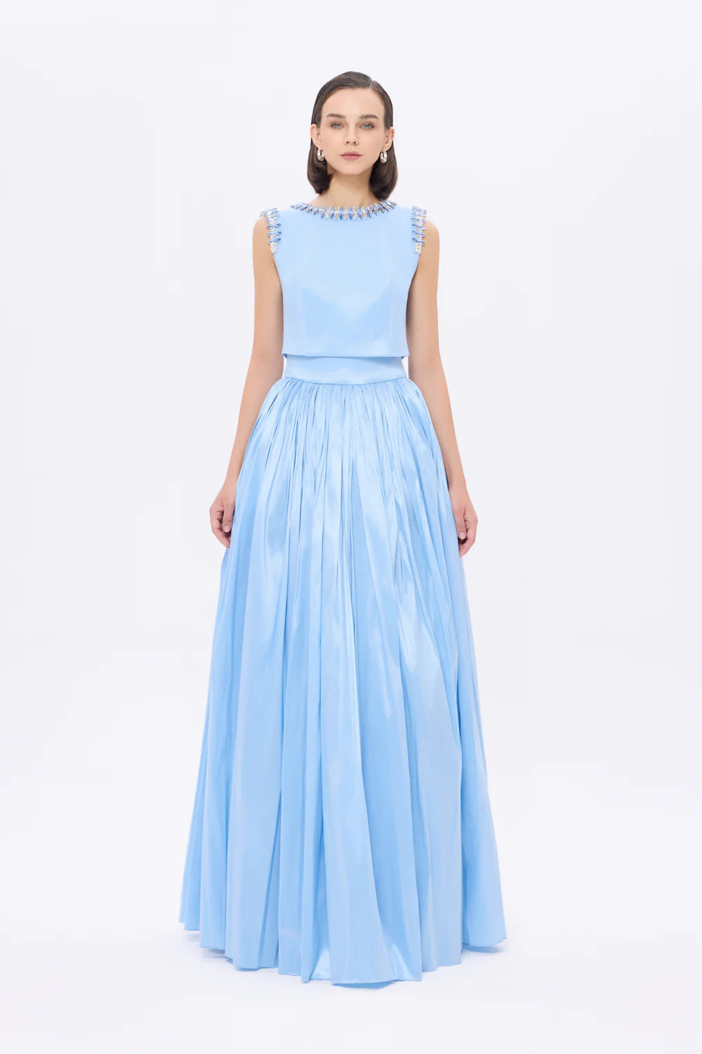 TAŞ İŞLEME DETAYLI TAFTA UZUN ABİYE ELBİSE - 9131C