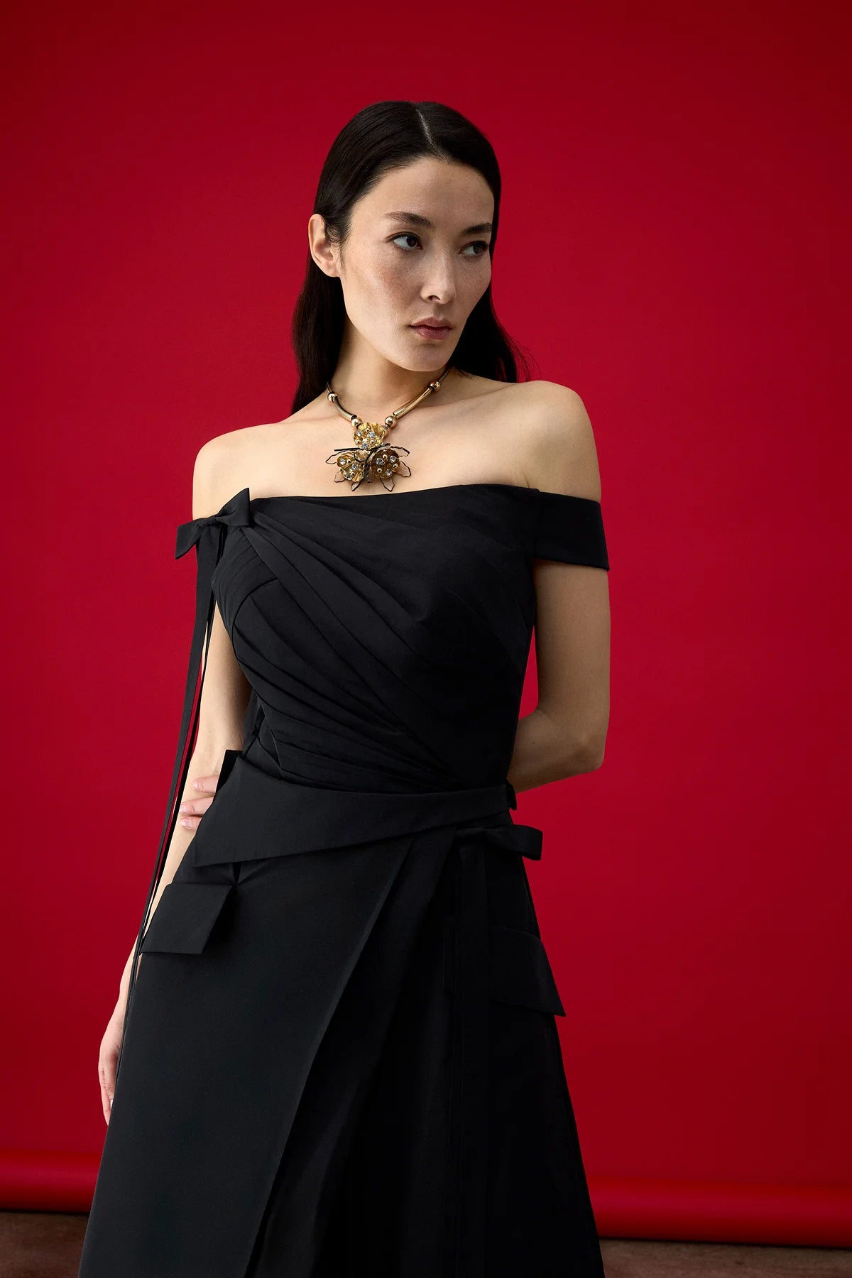 Omuz Dekolteli Drapeli Cepli Midi Abiye Elbise 1200