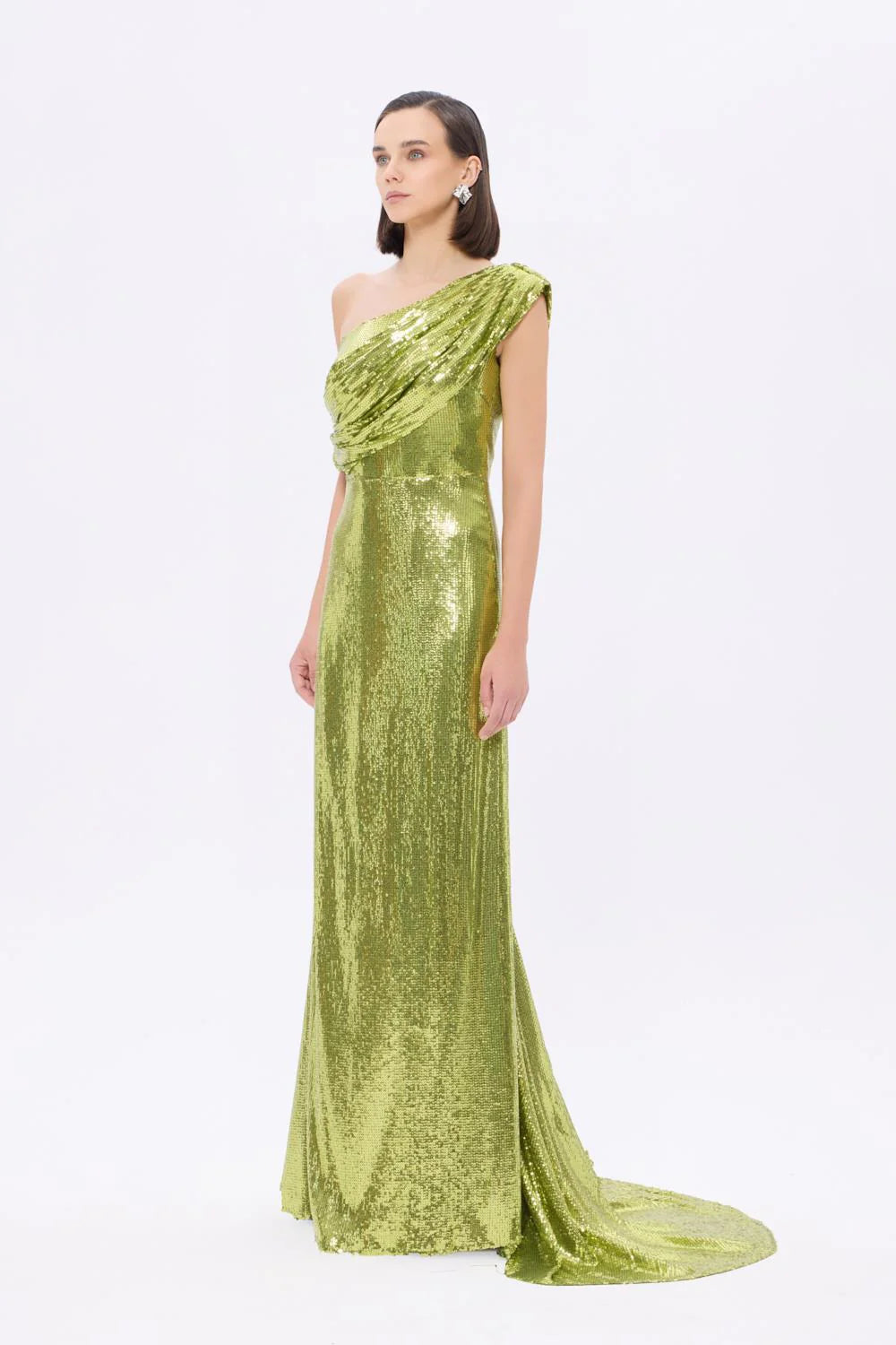 9305C Asimetrik Yaka Uzun Payetli Abiye Elbise