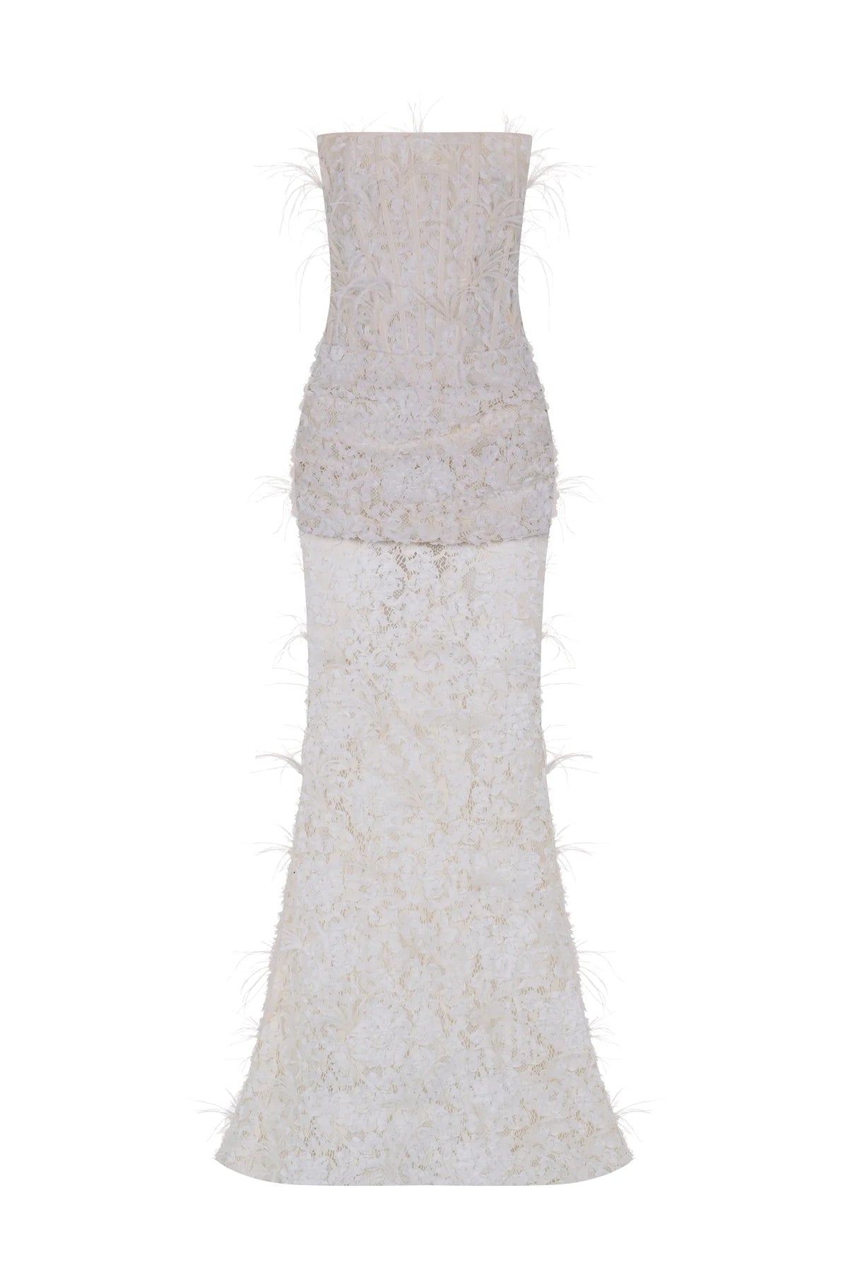 KORSAJLI TÜY DETAYLI STRAPLEZ UZUN ABİYE ELBİSE