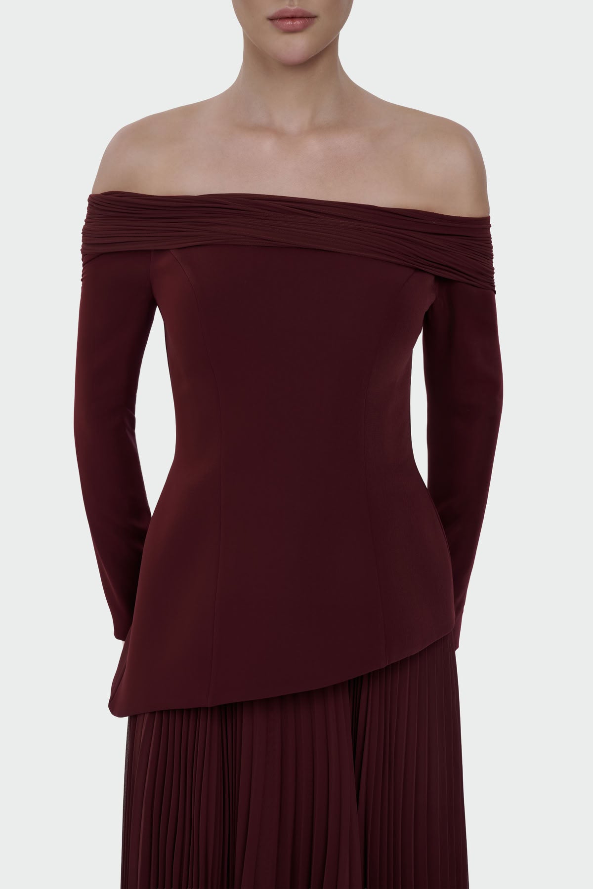 Off-Shoulder Pleated Maxi Dress 1308 )