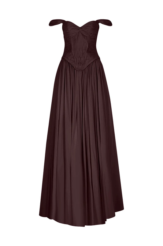 OMUZLARI AÇIK DRAPELİ KABARIK UZUN ABİYE ELBİSE