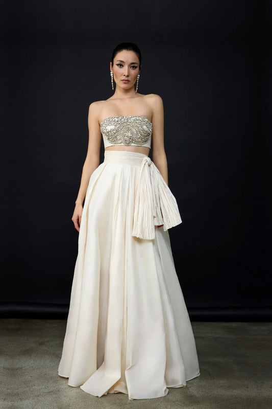 Straplez Taş İşlemeli Crop Yüksek Bel Etek Takım