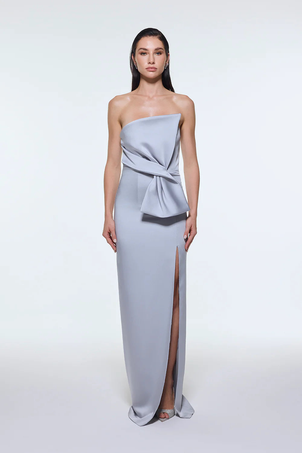 STRAPLEZ YAKA YIRTMAÇLI SATEN UZUN ABİYE ELBİSE - 9281C