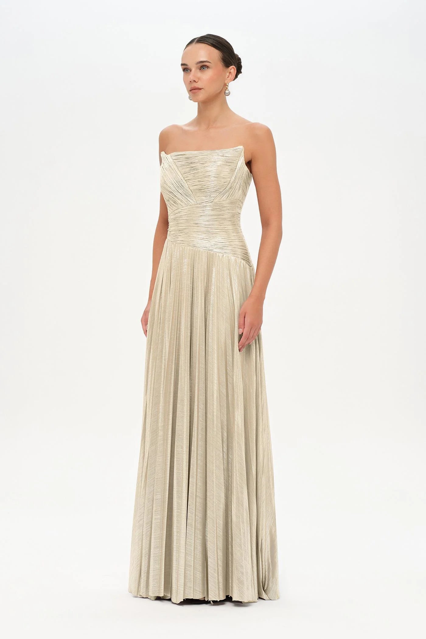 STRAPLEZ DRAPE VE PLİSE DETAYLI ŞIK ABİYE ELBİSE - 26078C