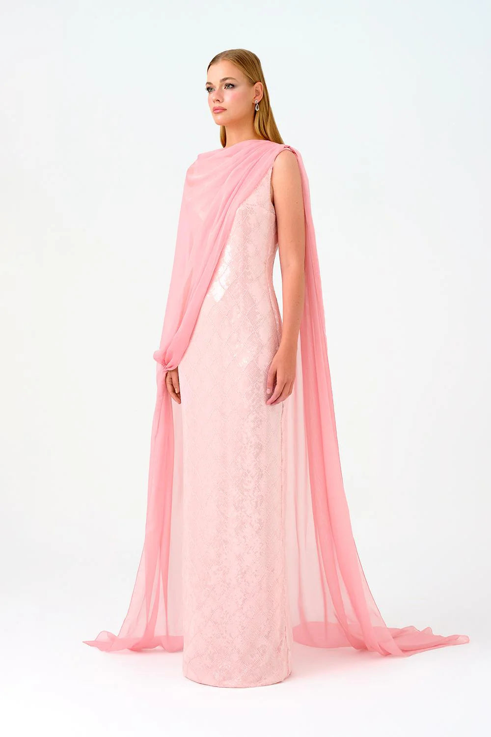 KAYIK YAKA PELERİNLİ PAYET UZUN ABİYE ELBİSE - 9038C