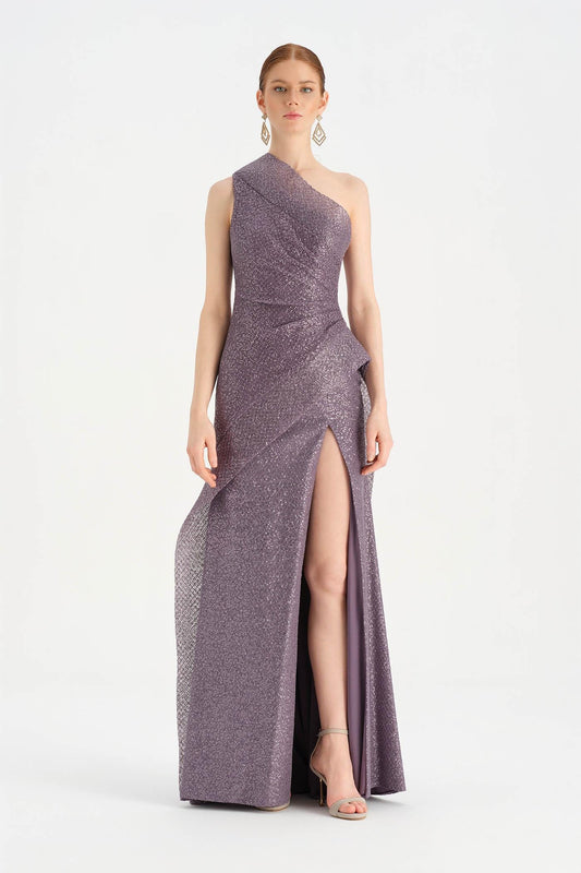 فستان سهرة أنيق بكتف واحد وتصميم بفتحة جانبية جذابة – 26003C