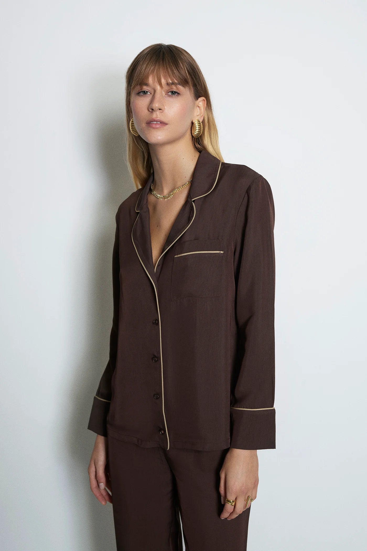 nelole Cotton Pajama Set and Eye Mask in Brown