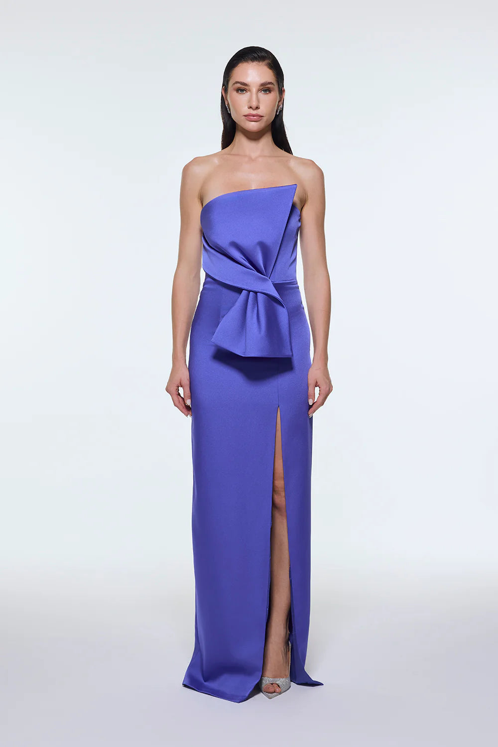 STRAPLEZ YAKA YIRTMAÇLI SATEN UZUN ABİYE ELBİSE - 9281C