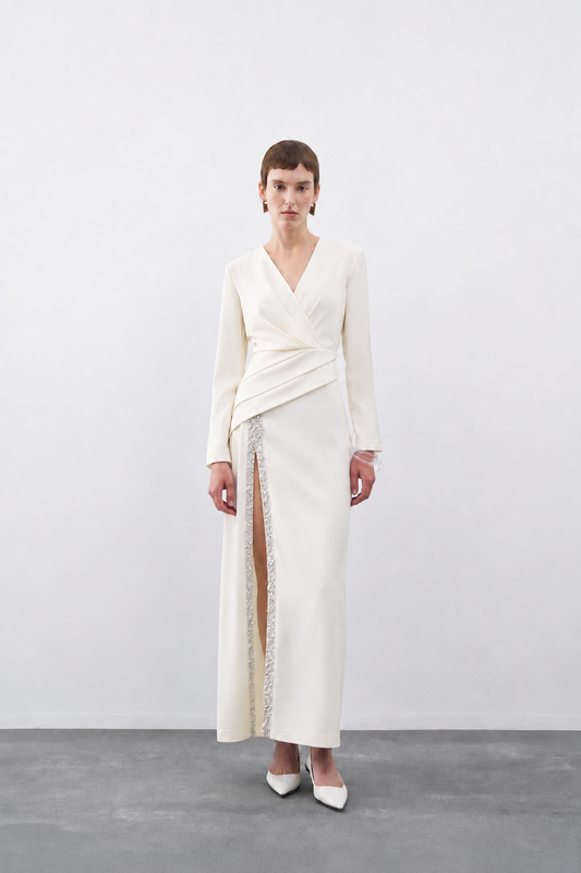 DRAPE VE İŞLEME DETAYLI YIRTMAÇLI UZUN ABİYE ELBİSE 1144