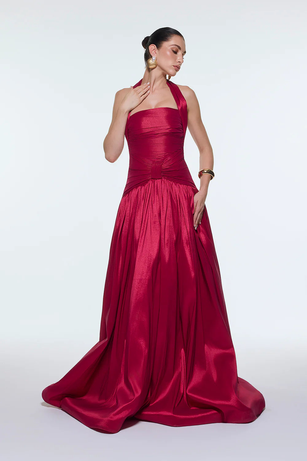 BOYUNDA ASKILI DRAPELİ TAFTA UZUN ABİYE ELBİSE - 9280C