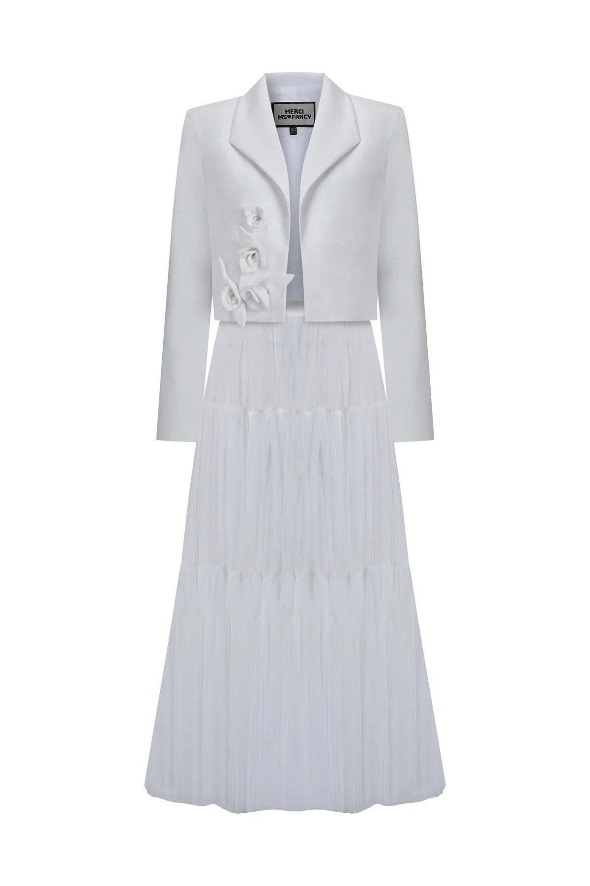 PİLİSELİ BÜZGÜ DETAYLI UZUN TÜL etek caket takim