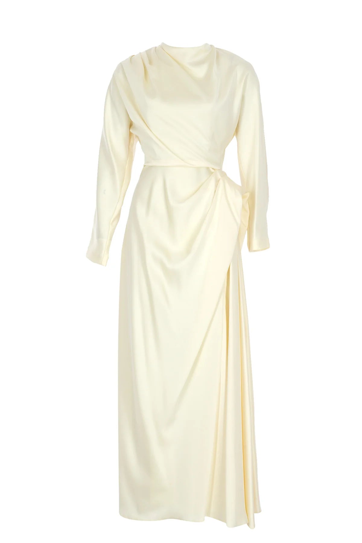 ASİMETRİK DRAPELİ YÜKSEK YAKA SATEN UZUN ABİYE ELBİSE 2224