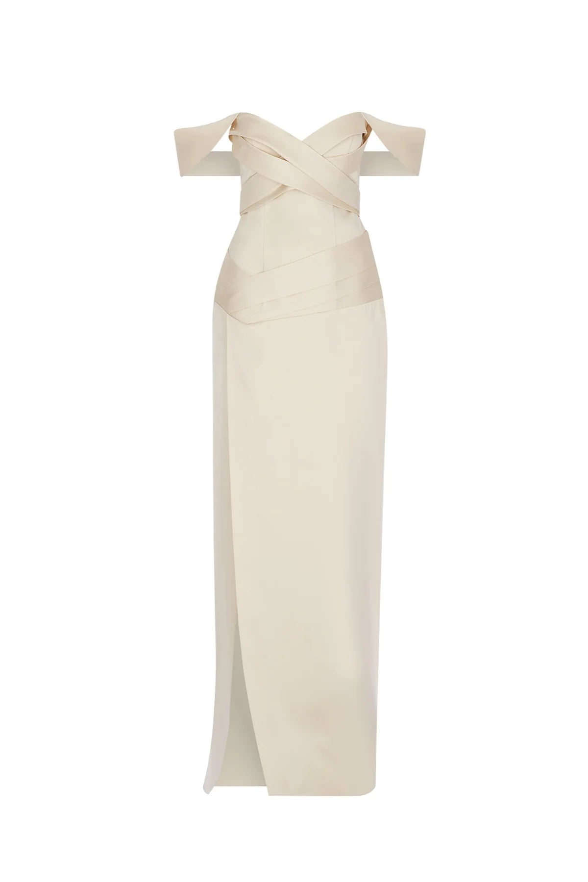 OMUZ AÇIK ÇAPRAZ DRAPELİ YIRTMAÇ DETAYLI UZUN ABİYE ELBİSE 2256