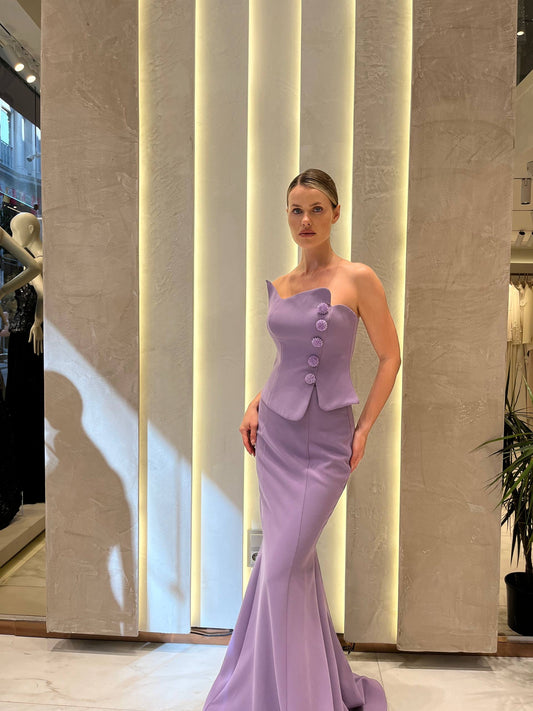 Lilac Mermaid Evening Gown with Crystal Buttons