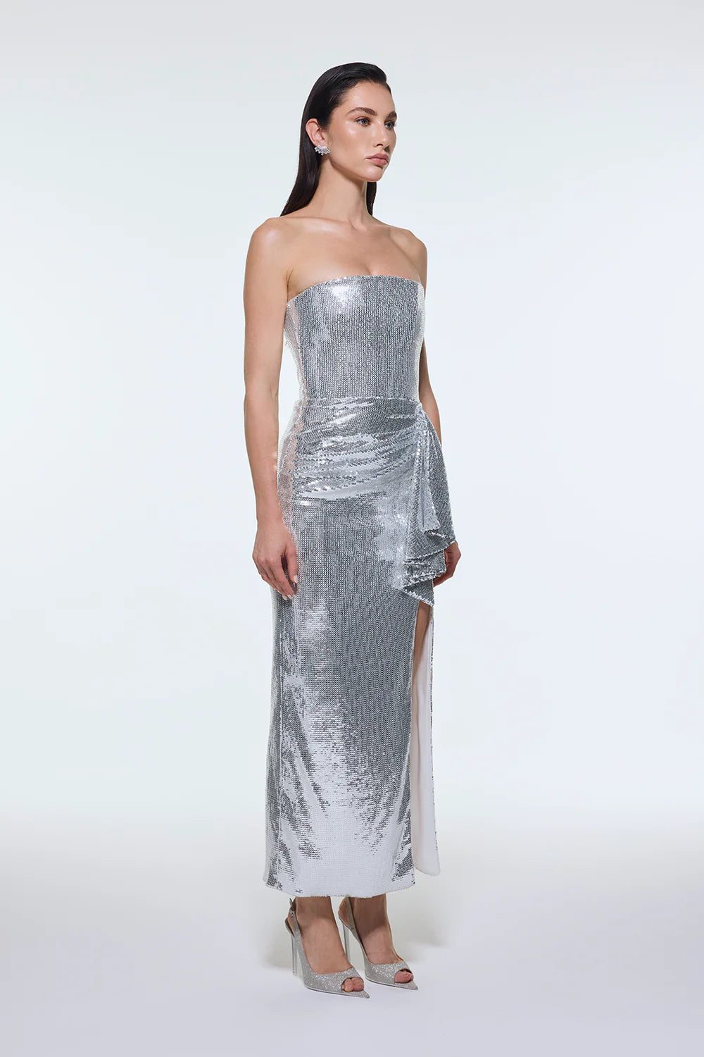 BEL DRAPE DETAYLI STRAPLEZ MİDİ ABİYE ELBİSE - 9295C