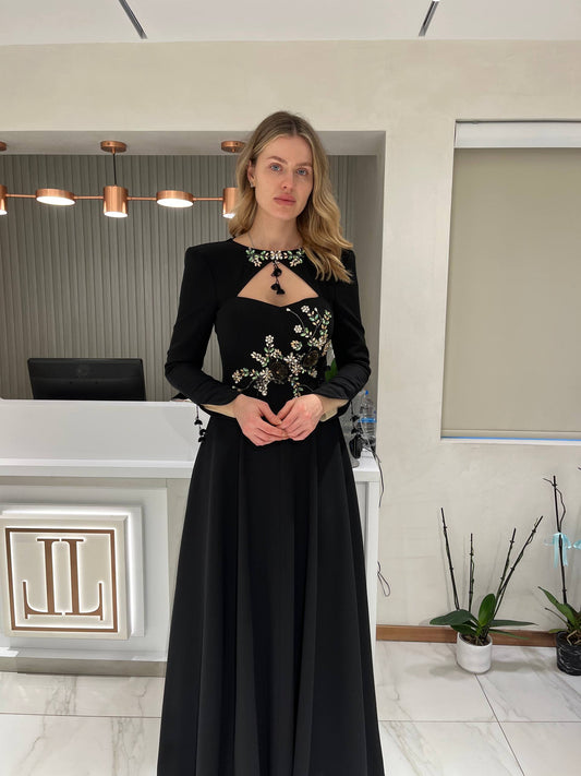 فستان كريب بأكمام طويله 2267