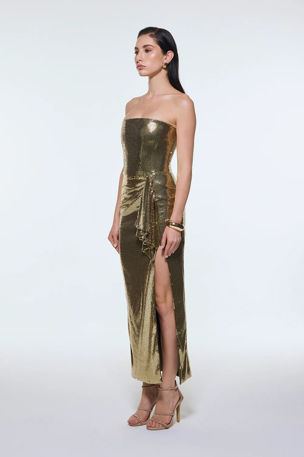 BEL DRAPE DETAYLI STRAPLEZ MİDİ ABİYE ELBİSE - 9295C