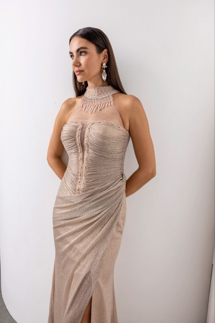 Pearl-Embellished Shimmer Evening Gown with Side Slit