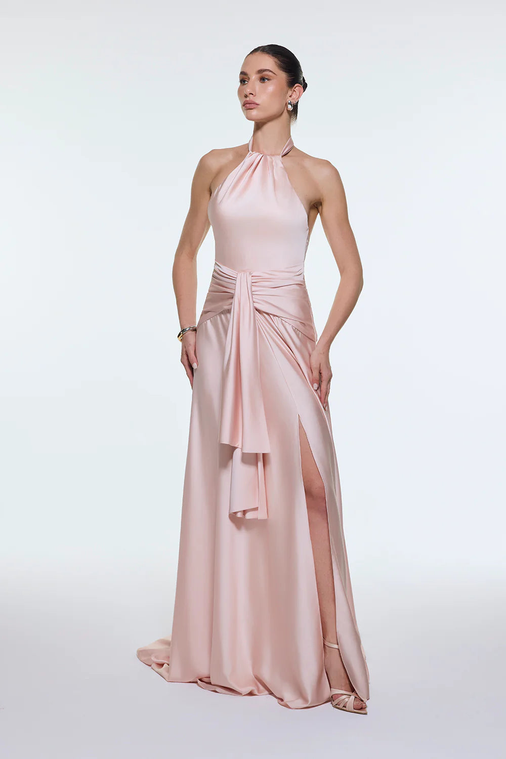 BOYUNDAN ASKILI BEL DRAPE DETAYLI UZUN ABİYE ELBİSE - 9253C